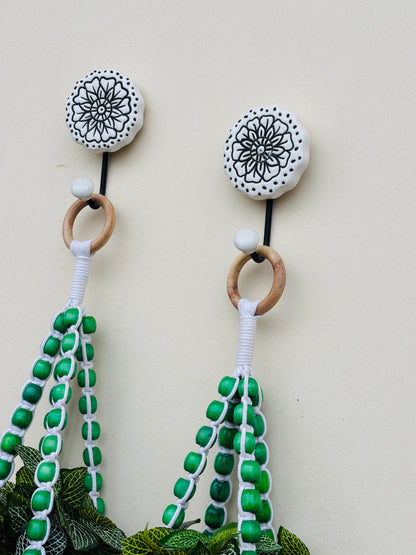 Wooden Boho Beaded Planter Set - Green