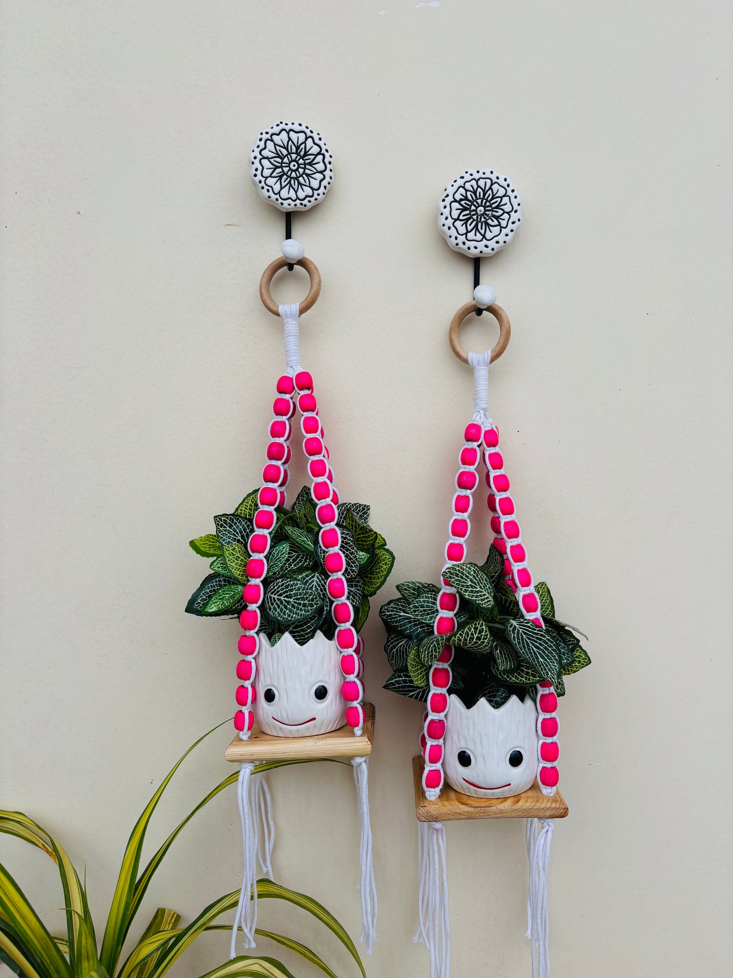 Wooden Boho Beaded Planter Set - Pink