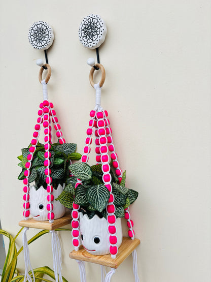 Wooden Boho Beaded Planter Set - Pink