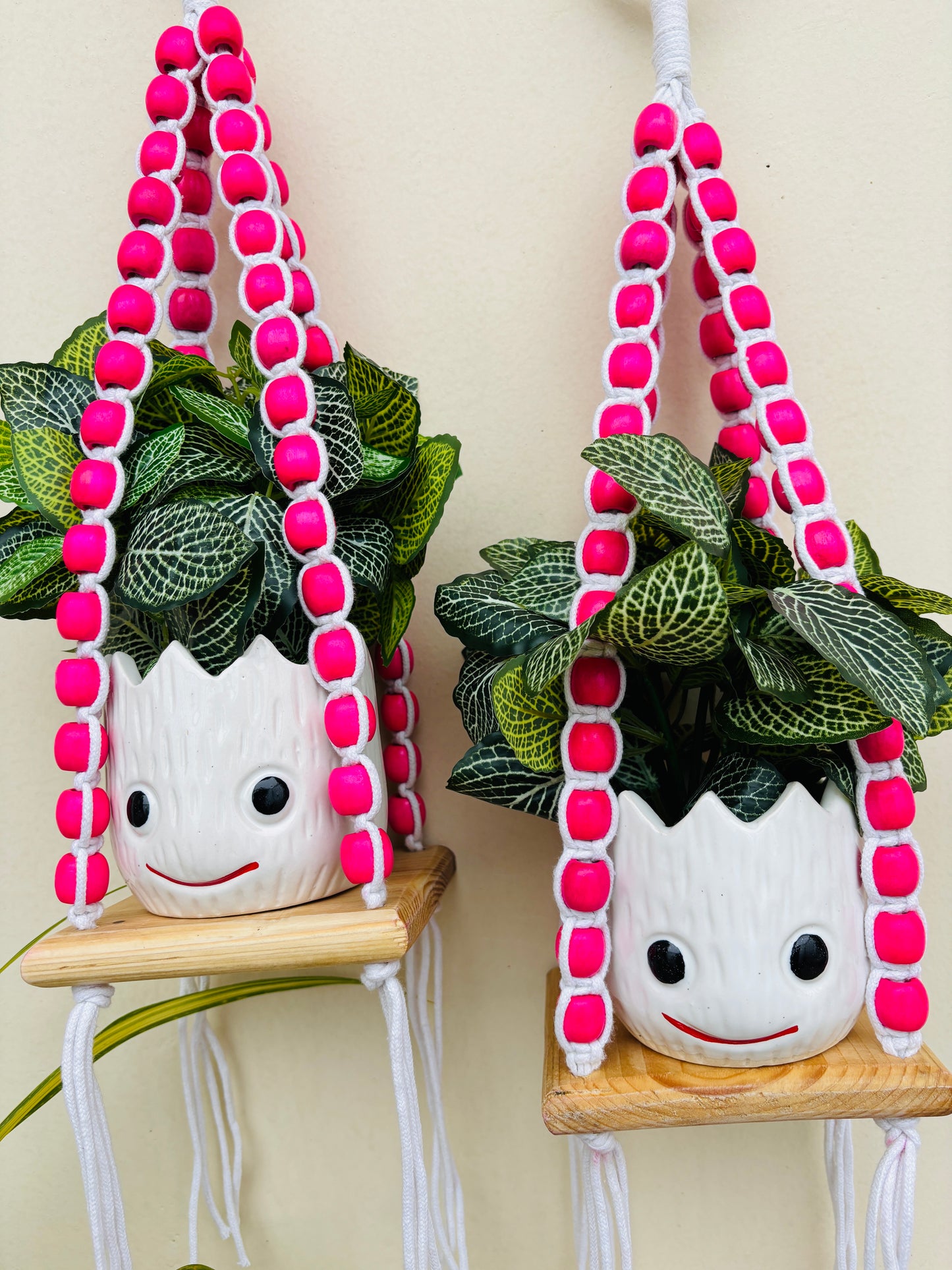 Wooden Boho Beaded Planter Set - Pink