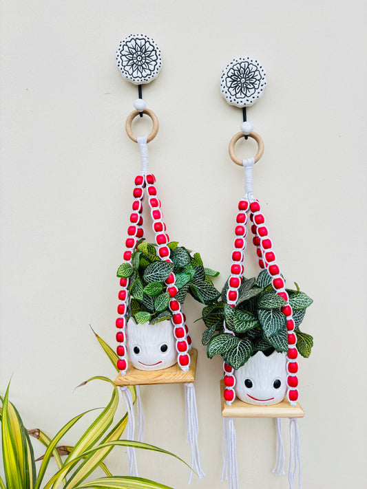 Wooden Boho Beaded Planter Set - Red