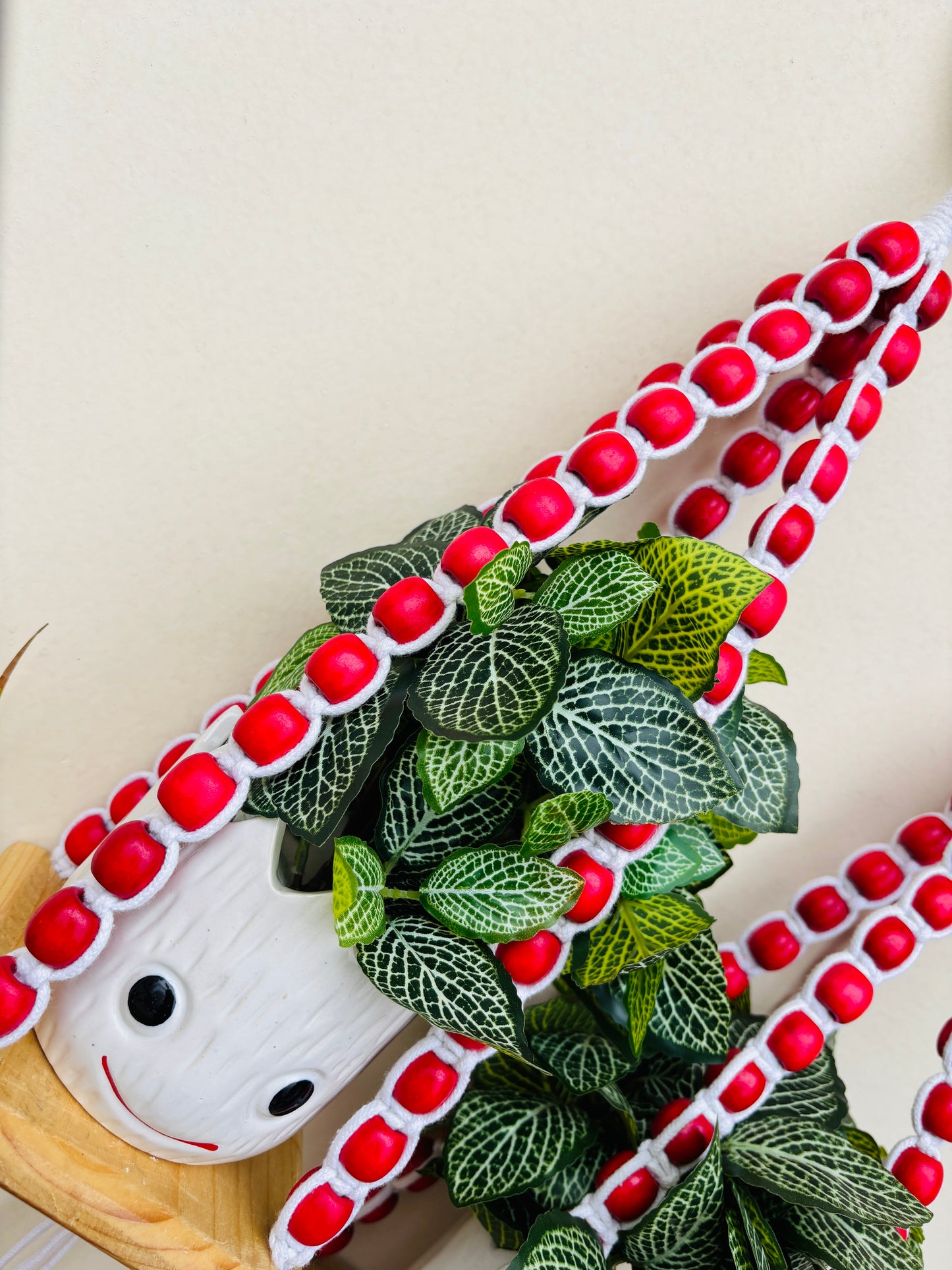 Wooden Boho Beaded Planter Set - Red