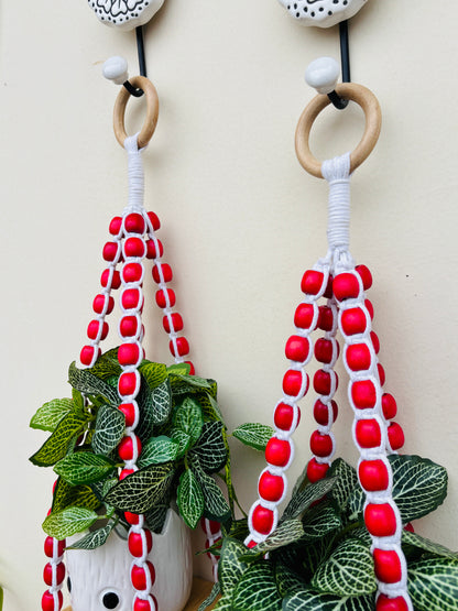 Wooden Boho Beaded Planter Set - Red