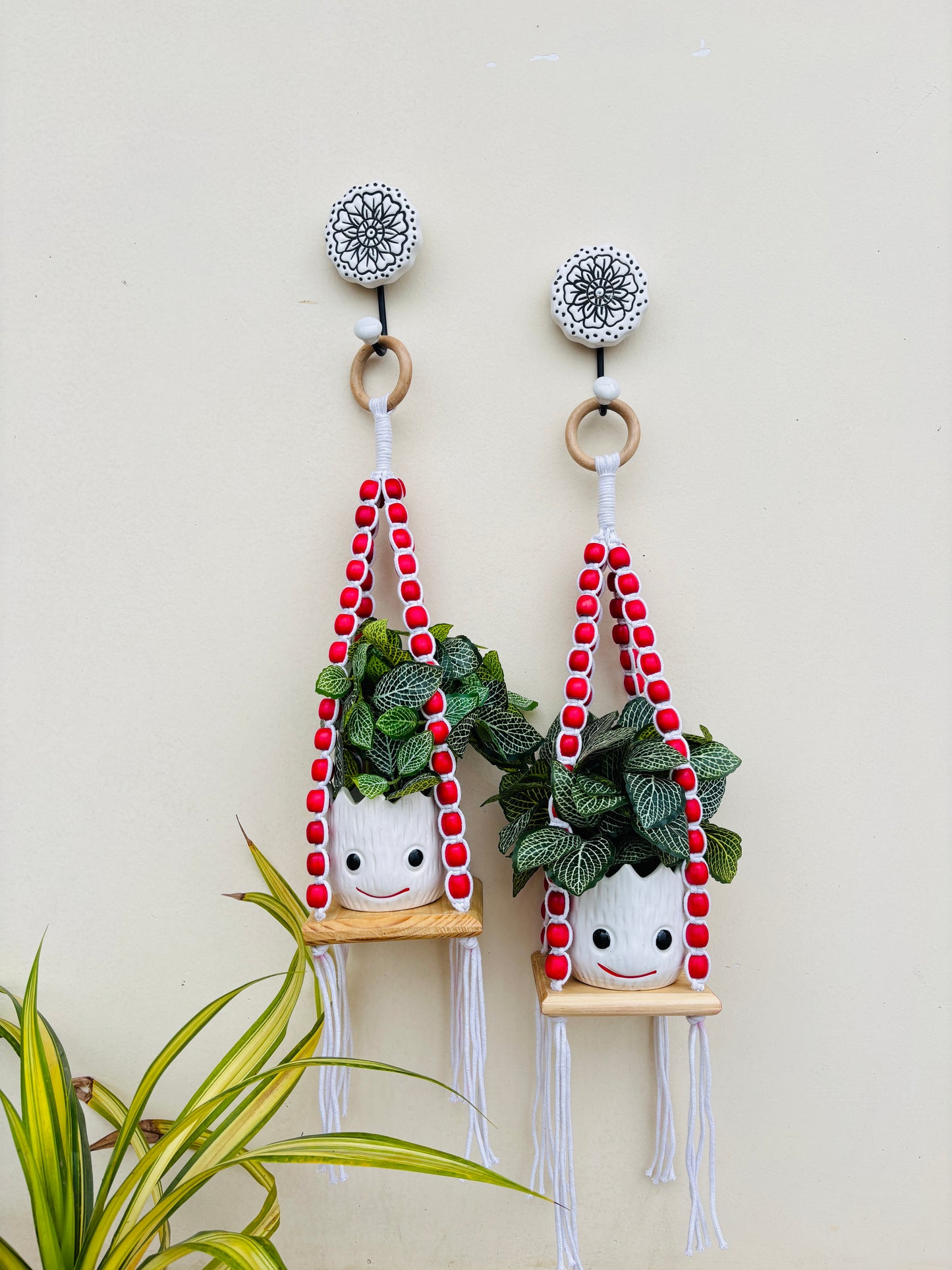 Wooden Boho Beaded Planter Set - Red