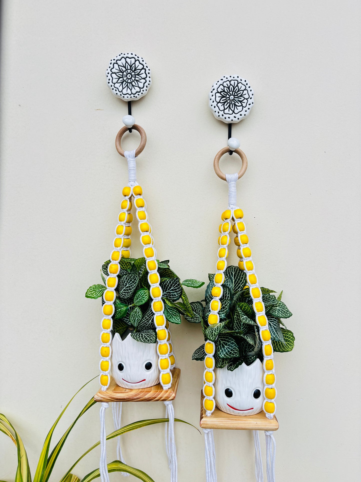 Wooden Boho Beaded Planter Set - Yellow