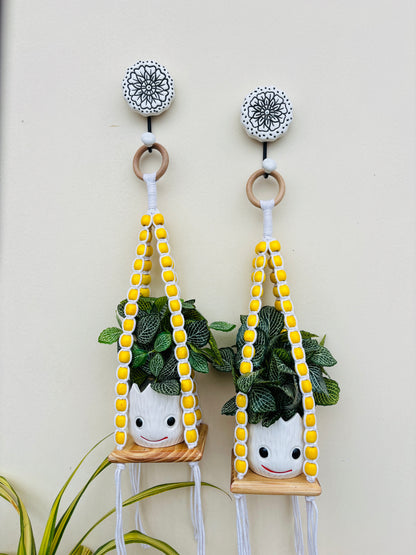 Wooden Boho Beaded Planter Set - Yellow