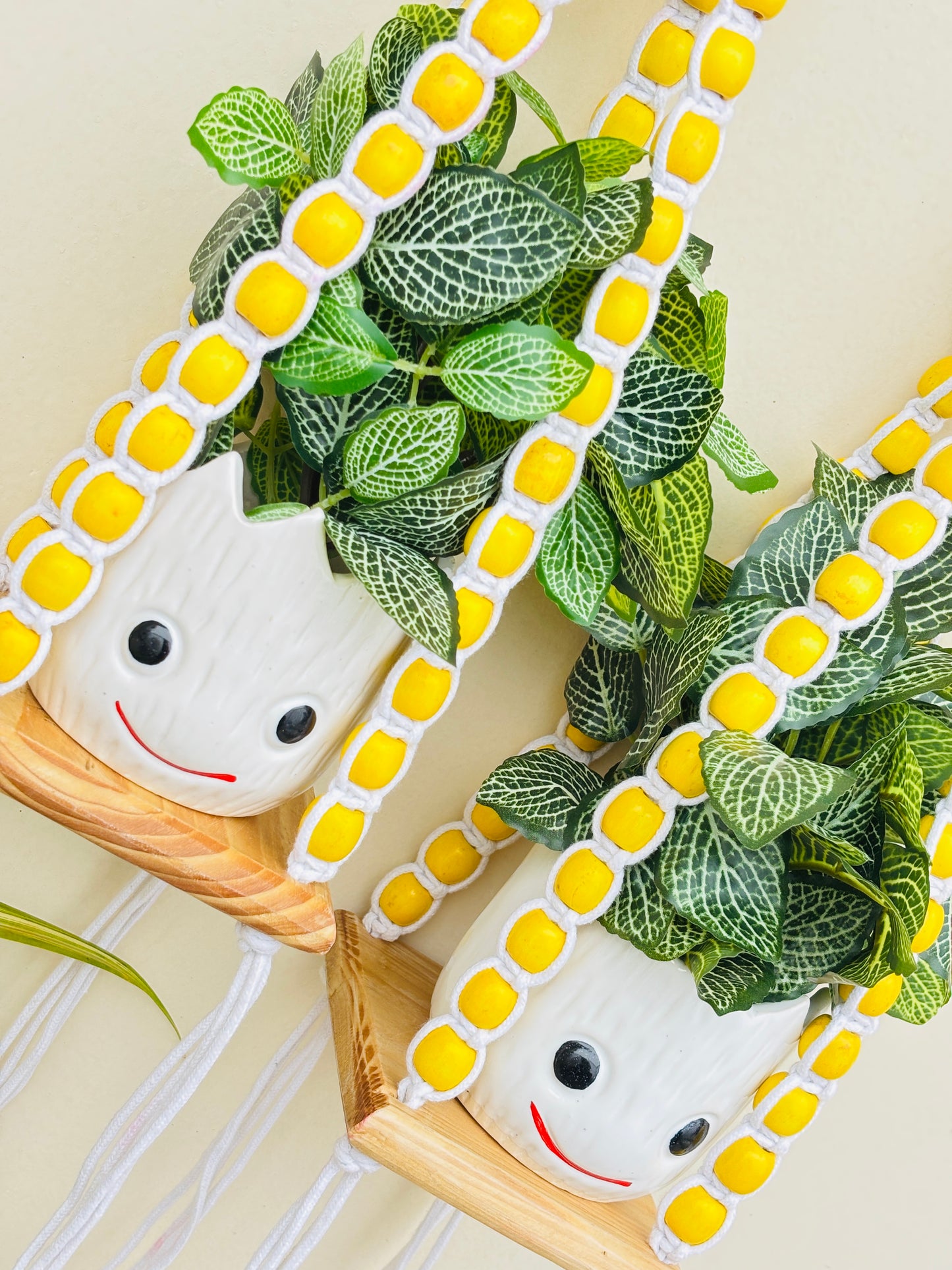 Wooden Boho Beaded Planter Set - Yellow