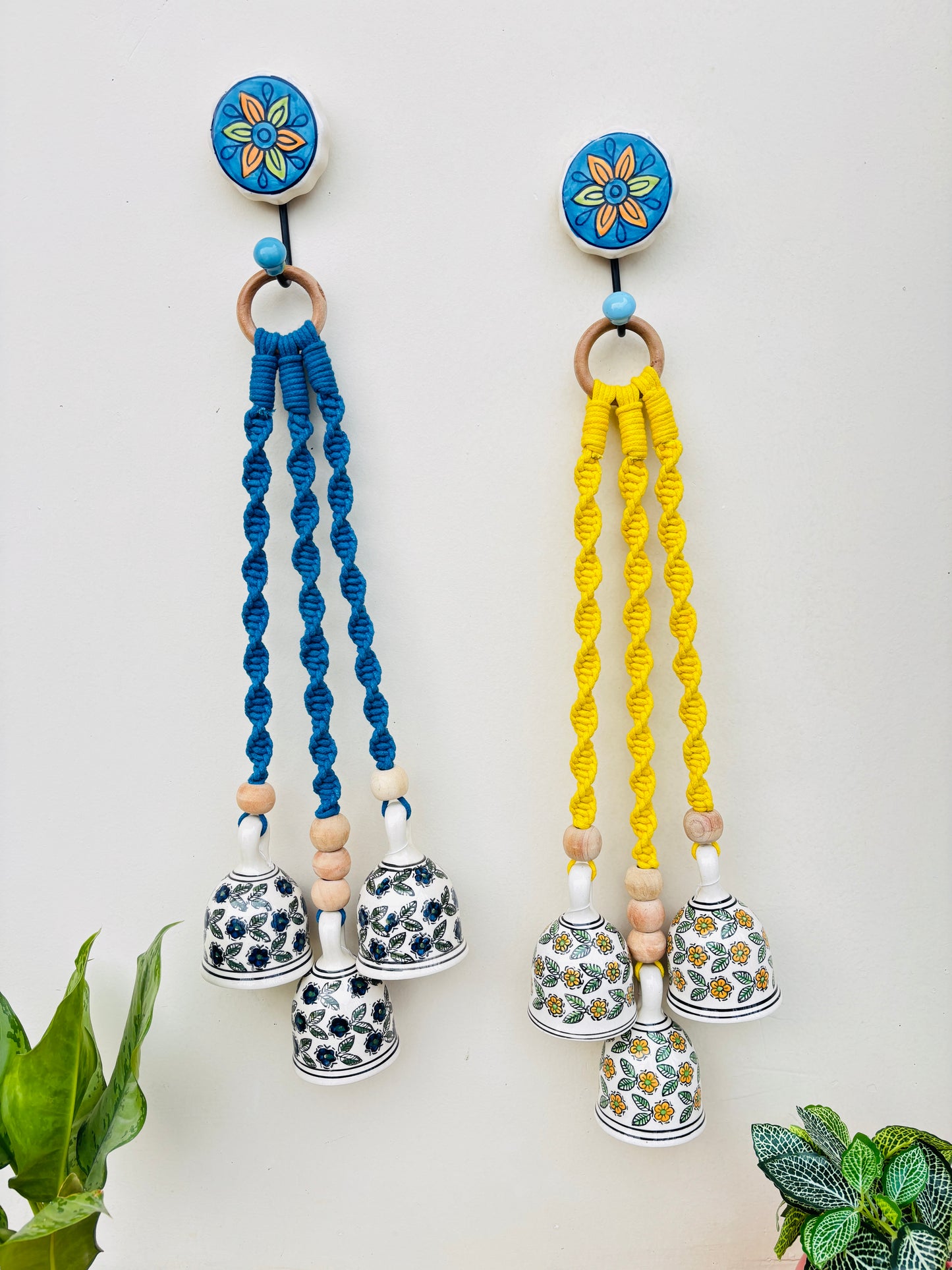Yellow & Blue Aura Macrame Bell Combo -  Set of 2
