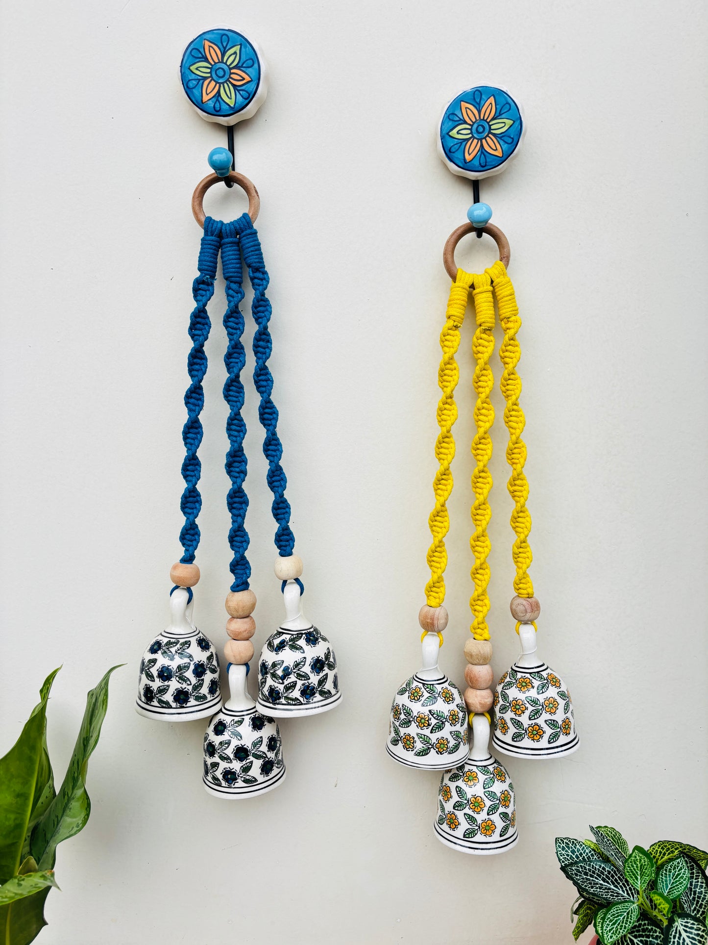 Yellow & Blue Aura Macrame Bell Combo -  Set of 2