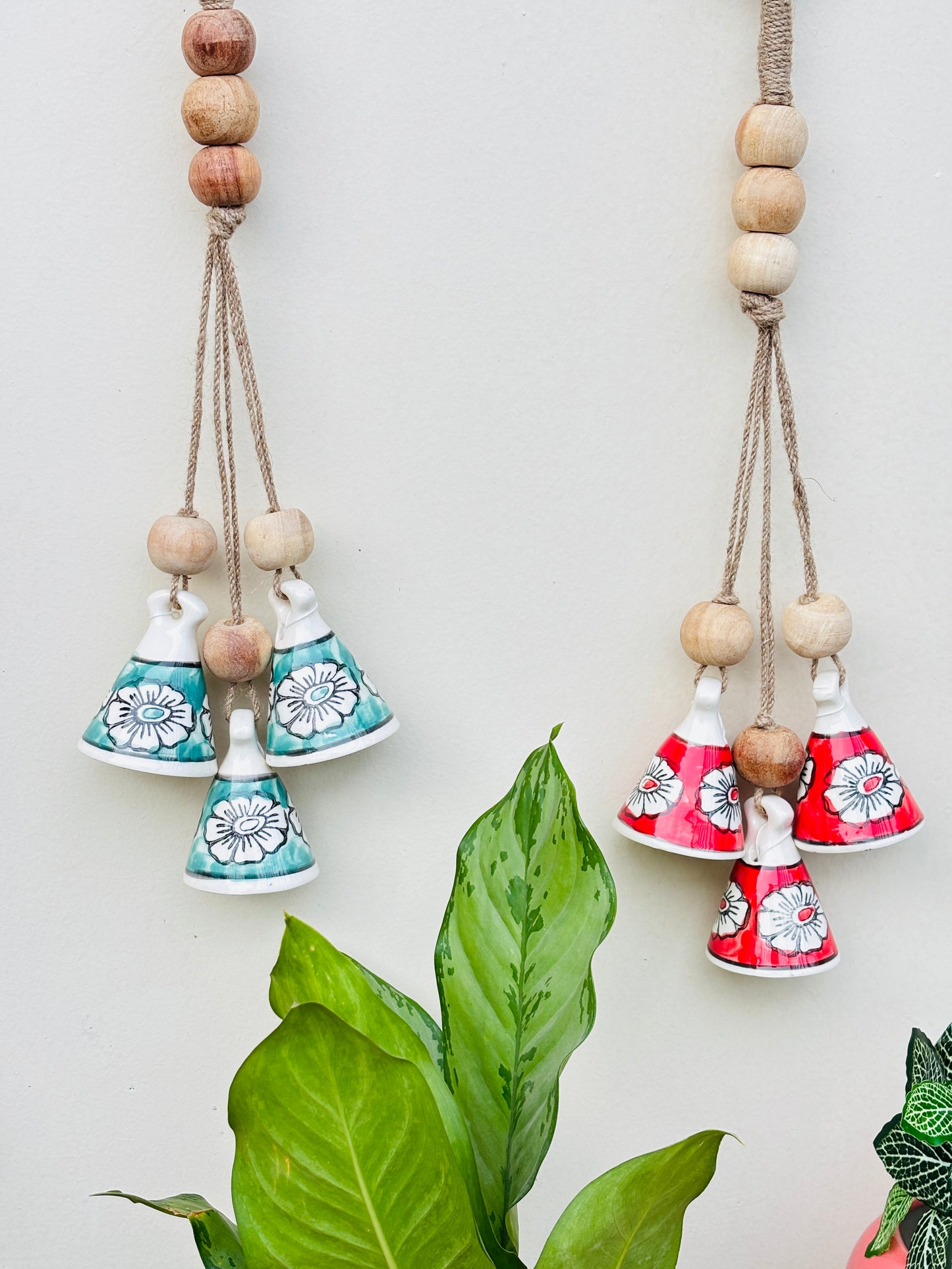 VibesRoute ZenBloom Floral Bell Hanging – Green & Red  (Set of 2)