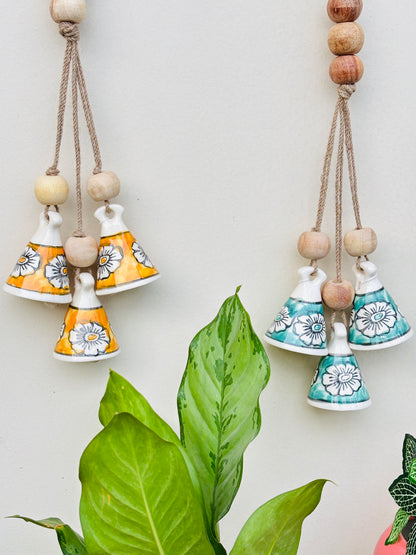 ZenBloom Floral Bell Hanging – Green & Yellow  (Set of 2)