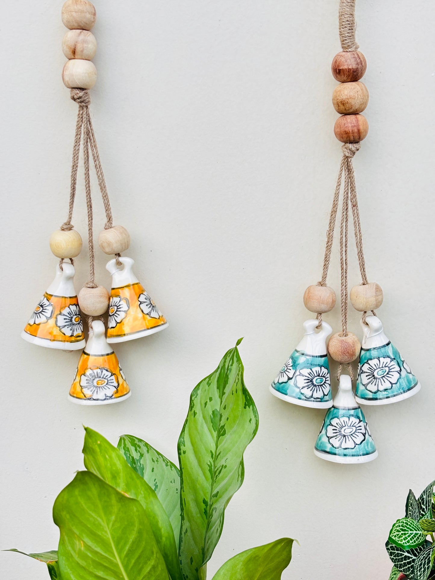 ZenBloom Floral Bell Hanging – Green & Yellow  (Set of 2)