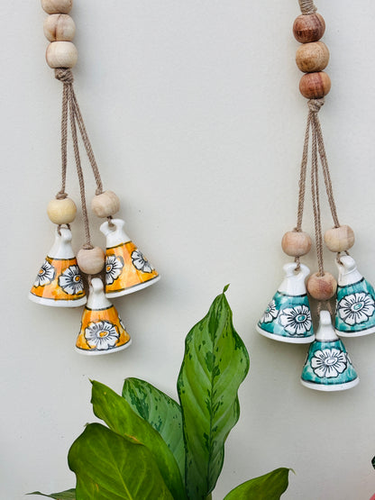 ZenBloom Floral Bell Hanging – Green & Yellow  (Set of 2)