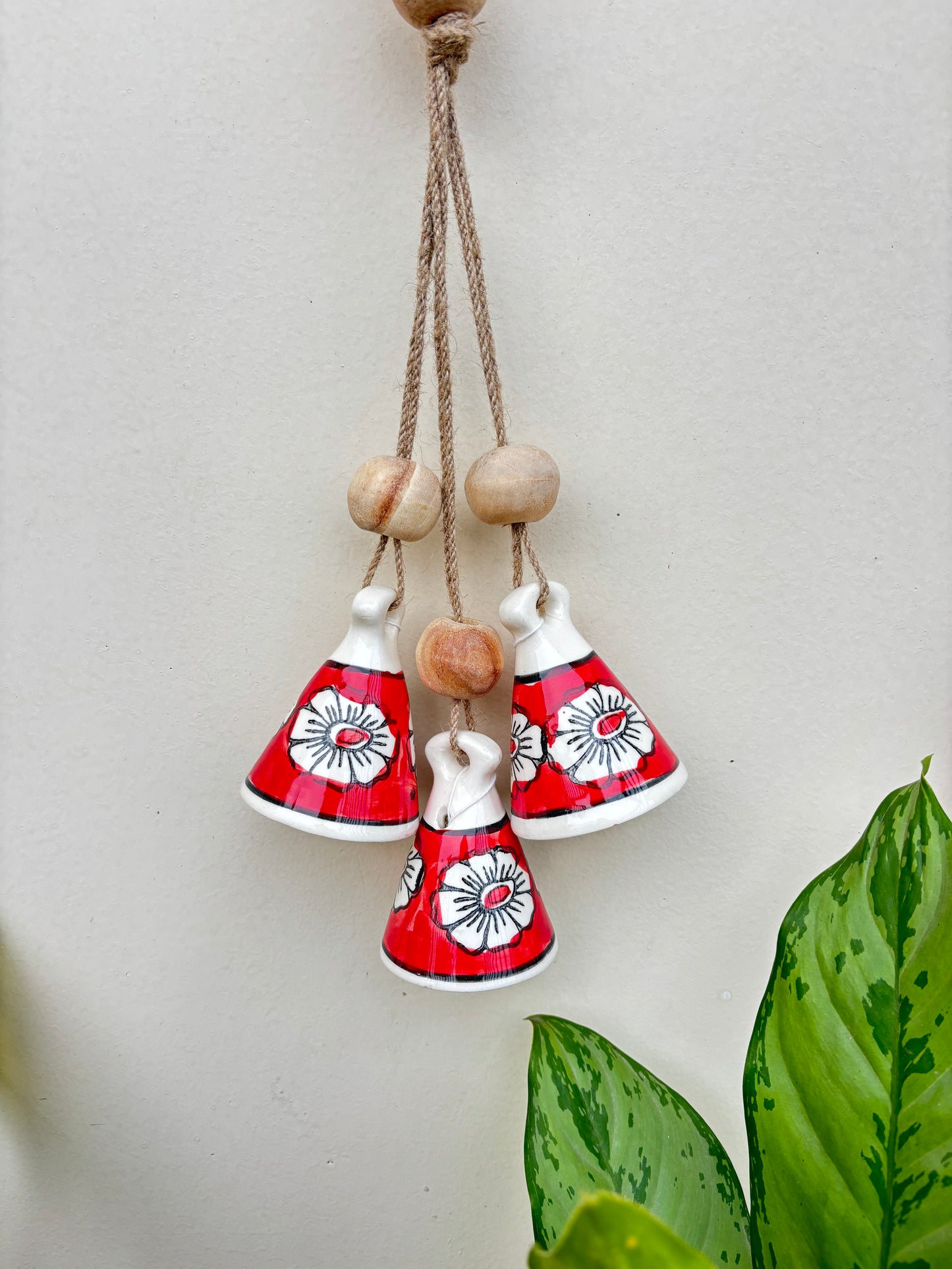 ZenBloom Floral Bell Hanging – Red (Set of 2)