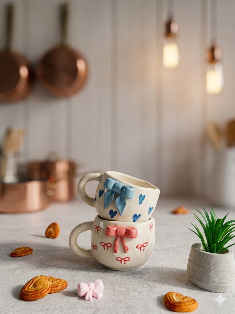 Blush & Blue Bow Mug Set – Set of 2