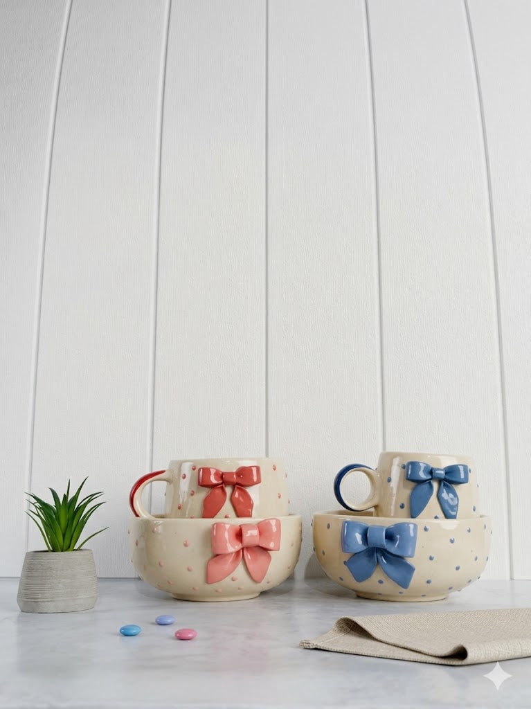 Blush & Blue Bow Cup & Bowl Set – Set of 4