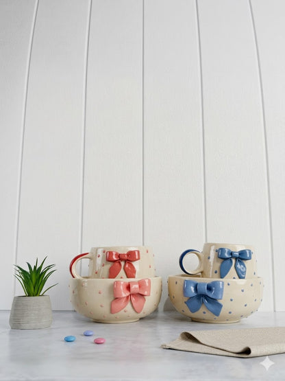 Blush & Blue Bow Cup & Bowl Set – Set of 4